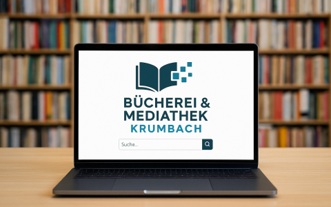 IPad mit Logo und Bücherwand im Hintergrund